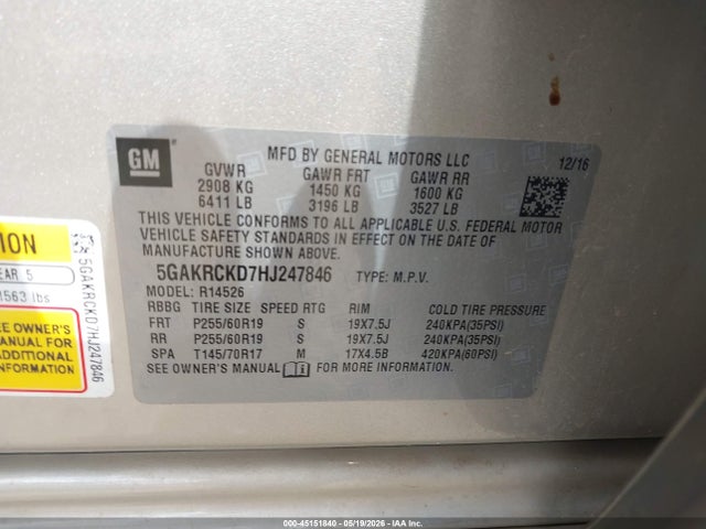 Aukcja sprzedaży 2017 Buick Enclave Premium, vin: 5GAKRCKD7HJ247846, numer aukcji: 45151840