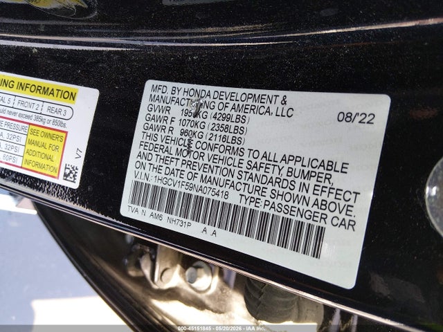 2022 Honda Accord Ex-l მანქანა იყიდება აუქციონზე, vin: 1HGCV1F59NA075418, აუქციონის ნომერი: 45151845