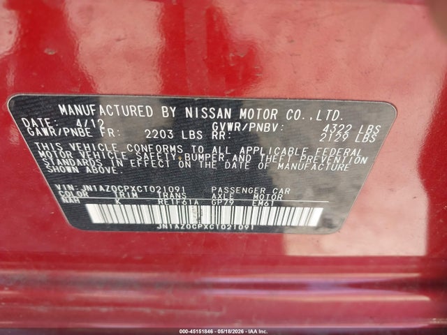 45151846 :رقم المزاد ، JN1AZ0CPXCT021091 vin ، 2012 Nissan Leaf Sl مزاد بيع