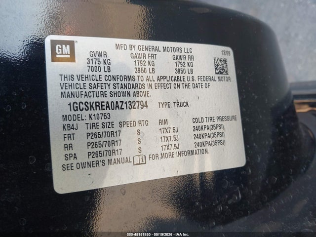 45151850 :رقم المزاد ، 1GCSKREA0AZ132794 vin ، 2010 Chevrolet Silverado 1500 Ls مزاد بيع