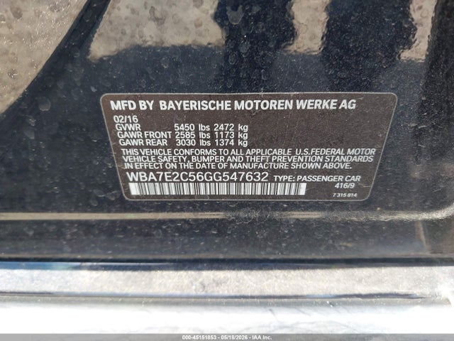 2016 Bmw 740i მანქანა იყიდება აუქციონზე, vin: WBA7E2C56GG547632, აუქციონის ნომერი: 45151853