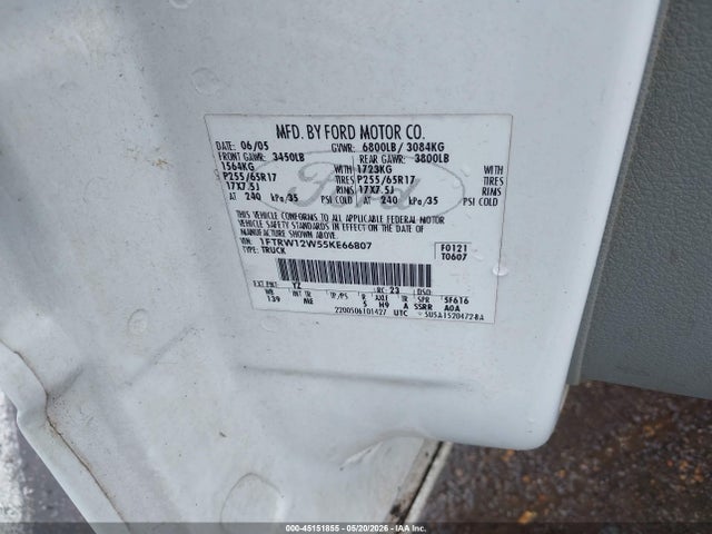 Auction sale of the 2005 Ford F-150 Xlt, vin: 1FTRW12W55KE66807, lot number: 45151855