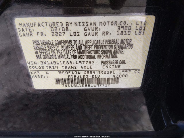 Aukcja sprzedaży 2008 Nissan Sentra 2.0s, vin: 3N1AB61E88L697737, numer aukcji: 45151869