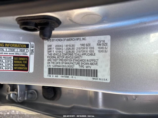 Aukcja sprzedaży 2016 Honda Cr-v Lx, vin: 5J6RM4H35GL062627, numer aukcji: 45151871