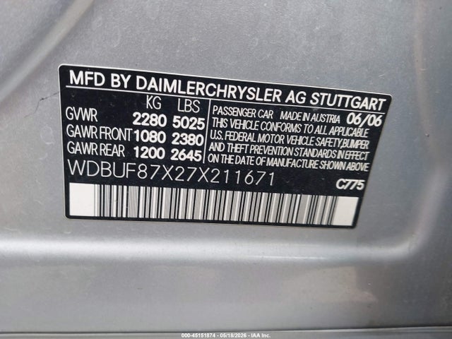 2007 Mercedes-benz E 350 4matic მანქანა იყიდება აუქციონზე, vin: WDBUF87X27X211671, აუქციონის ნომერი: 45151874