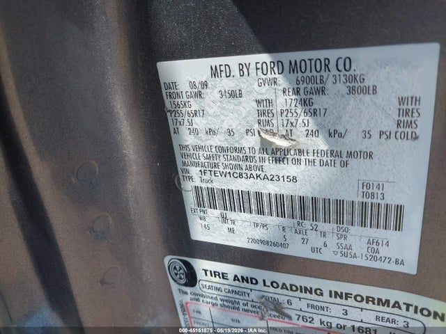 Aukcja sprzedaży 2010 Ford F-150, vin: 1FTEW1C83AKA23158, numer aukcji: 45151875