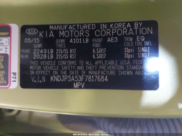2015 Kia Soul + მანქანა იყიდება აუქციონზე, vin: KNDJP3A53F7817684, აუქციონის ნომერი: 45151879