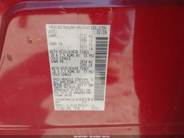 Aukcja sprzedaży 2018 Nissan Pathfinder S, vin: 5N1DR2MN1JC640285, numer aukcji: 45151881