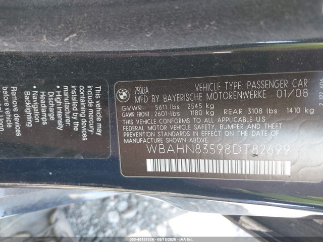 45151886 :رقم المزاد ، WBAHN83598DT82699 vin ، 2008 Bmw 750li مزاد بيع