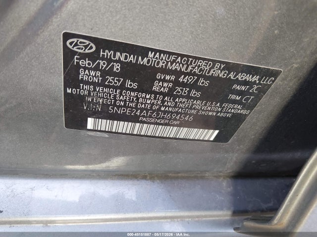Aukcja sprzedaży 2018 Hyundai Sonata Se, vin: 5NPE24AF6JH694546, numer aukcji: 45151887