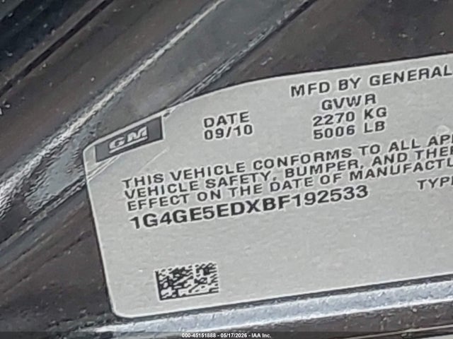 45151888 :رقم المزاد ، 1G4GE5EDXBF192533 vin ، 2011 Buick Lacrosse Cxs مزاد بيع