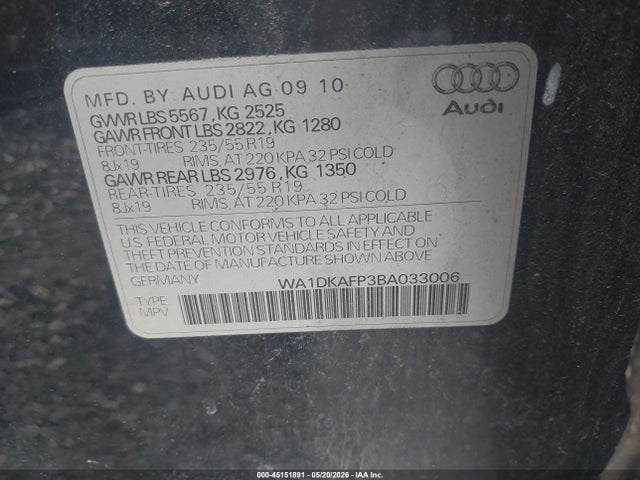 Aukcja sprzedaży 2011 Audi Q5 3.2 Premium Plus, vin: WA1DKAFP3BA033006, numer aukcji: 45151891