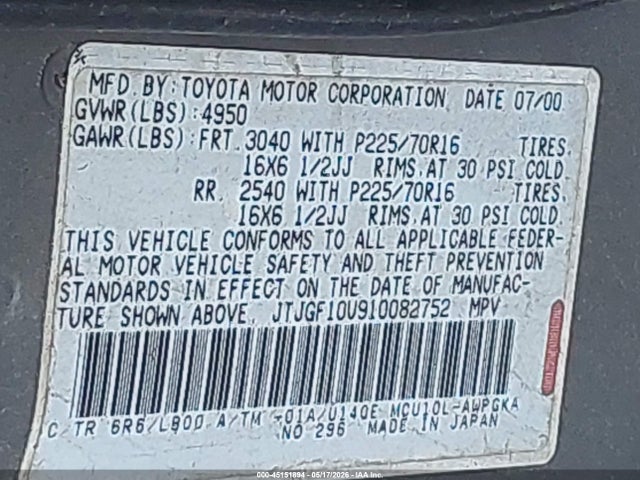 45151894 :رقم المزاد ، JTJGF10U910082752 vin ، 2001 Lexus Rx 300 مزاد بيع