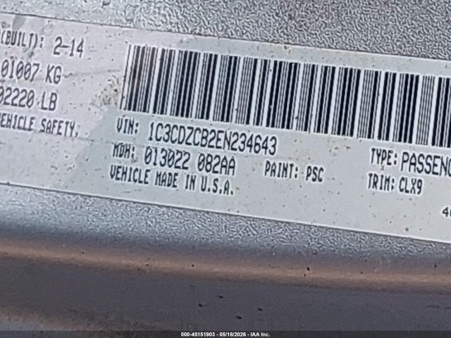 45151903 :رقم المزاد ، 1C3CDZCB2EN234643 vin ، 2014 Dodge Avenger Sxt مزاد بيع