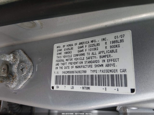 Aukcja sprzedaży 2007 Honda Accord 2.4 Ex, vin: 1HGCM56897A092789, numer aukcji: 45151906