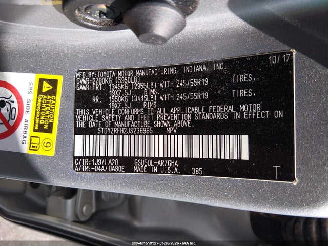 Aukcja sprzedaży 2018 Toyota Highlander Limited, vin: 5TDYZRFH2JS236965, numer aukcji: 45151912