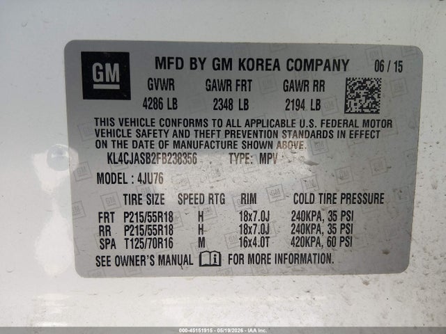 Продажа на аукционе авто 2015 Buick Encore, vin: KL4CJASB2FB238356, номер лота: 45151915