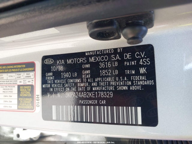2019 Kia Rio S მანქანა იყიდება აუქციონზე, vin: 3KPA24AB2KE178329, აუქციონის ნომერი: 45151916