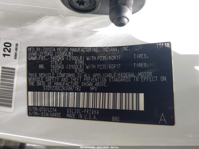 2019 Toyota Sienna Xle 8 Passenger მანქანა იყიდება აუქციონზე, vin: 5TDYZ3DC2KS987182, აუქციონის ნომერი: 45151920