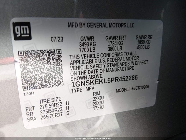 45151928 :رقم المزاد ، 1GNSKEKL5PR452286 vin ، 2023 Chevrolet Suburban 4wd Rst مزاد بيع