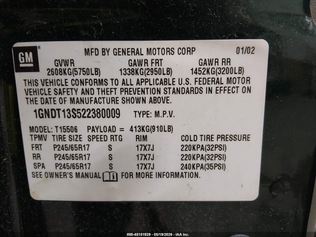 2002 Chevrolet Trailblazer Ltz მანქანა იყიდება აუქციონზე, vin: 1GNDT13S522380009, აუქციონის ნომერი: 45151929