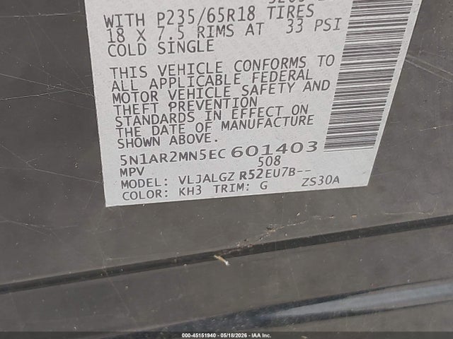Продажа на аукционе авто 2014 Nissan Pathfinder Sl, vin: 5N1AR2MN5EC601403, номер лота: 45151940