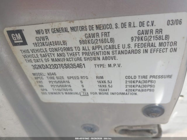 Aukcja sprzedaży 2006 Chevrolet Hhr Lt, vin: 3GNDA23D76S635461, numer aukcji: 45151942