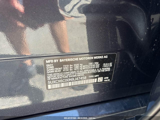 Aukcja sprzedaży 2022 Bmw X7 M50i, vin: 5UXCX6C00N9J47458, numer aukcji: 45151943
