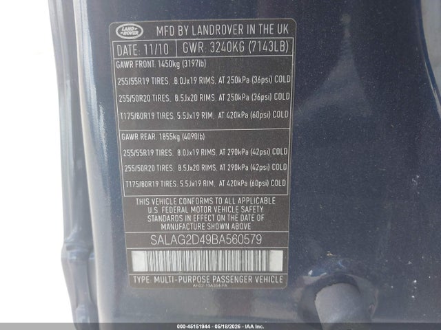 Aukcja sprzedaży 2011 Land Rover Lr4, vin: SALAG2D49BA560579, numer aukcji: 45151944