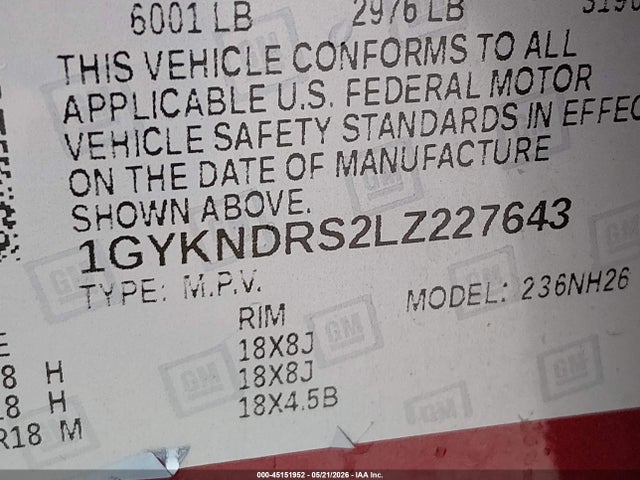 45151952 :رقم المزاد ، 1GYKNDRS2LZ227643 vin ، 2020 Cadillac Xt5 Awd Premium Luxury مزاد بيع
