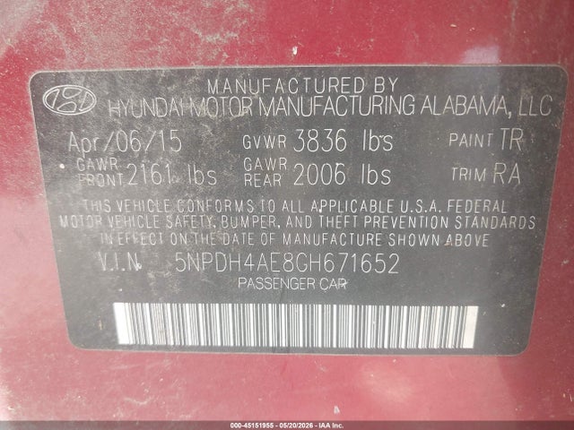 45151955 :رقم المزاد ، 5NPDH4AE8GH671652 vin ، 2016 Hyundai Elantra Se مزاد بيع