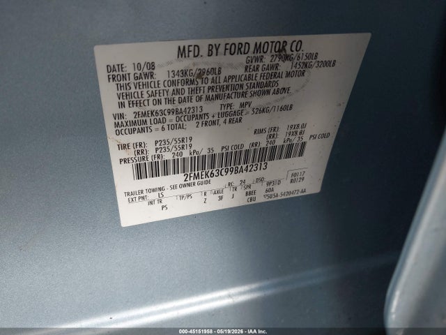 2009 Ford Flex Limited მანქანა იყიდება აუქციონზე, vin: 2FMEK63C99BA42313, აუქციონის ნომერი: 45151958