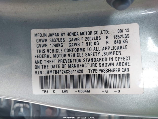 2012 Honda Civic Hybrid მანქანა იყიდება აუქციონზე, vin: JHMFB4F24CS011420, აუქციონის ნომერი: 45151963