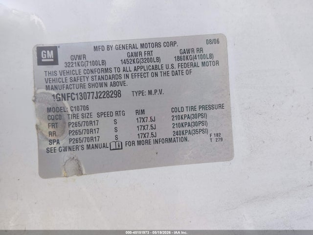 2007 Chevrolet Tahoe Ls მანქანა იყიდება აუქციონზე, vin: 1GNFC13077J228298, აუქციონის ნომერი: 45151973