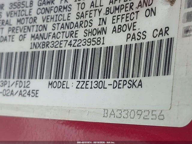 Aukcja sprzedaży 2004 Toyota Corolla S, vin: 1NXBR32E74Z239581, numer aukcji: 45151974