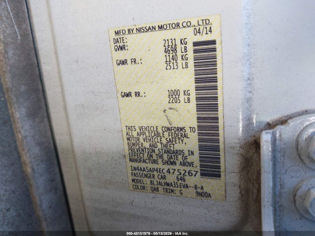 45151979 :رقم المزاد ، 1N4AA5AP4EC475267 vin ، 2014 Nissan Maxima 3.5 S/3.5 Sv مزاد بيع