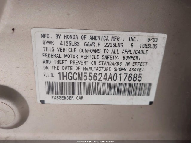 Продаж на аукціоні авто 2004 Honda Accord 2.4 Ex, vin: 1HGCM55624A017685, номер лоту: 45151988