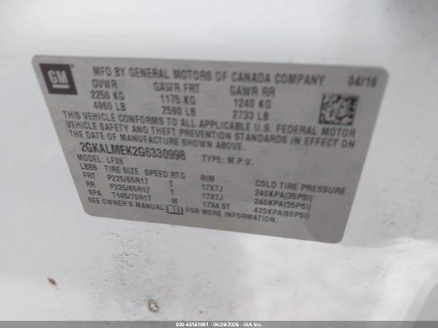 Продажа на аукционе авто 2016 Gmc Terrain Sle-1, vin: 2GKALMEK2G6330998, номер лота: 45151991