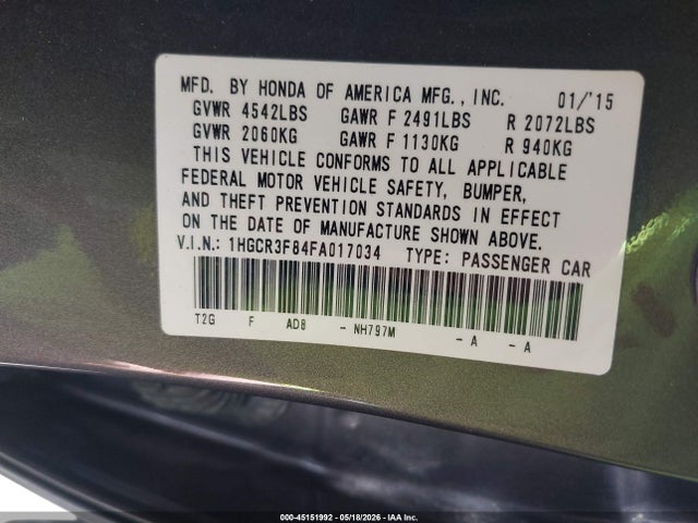 Aukcja sprzedaży 2015 Honda Accord Ex-l V-6, vin: 1HGCR3F84FA017034, numer aukcji: 45151992