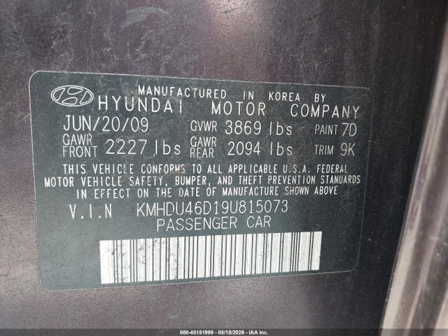 Aukcja sprzedaży 2009 Hyundai Elantra Gls, vin: KMHDU46D19U815073, numer aukcji: 45151999