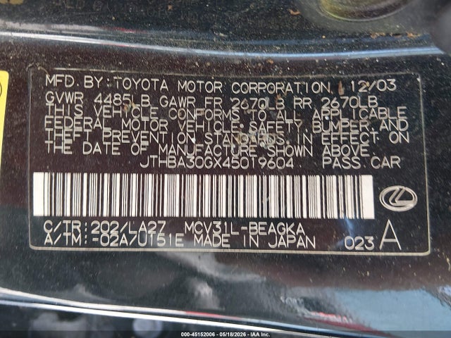 Продажа на аукционе авто 2004 Lexus Es 330, vin: JTHBA30GX45019604, номер лота: 45152006