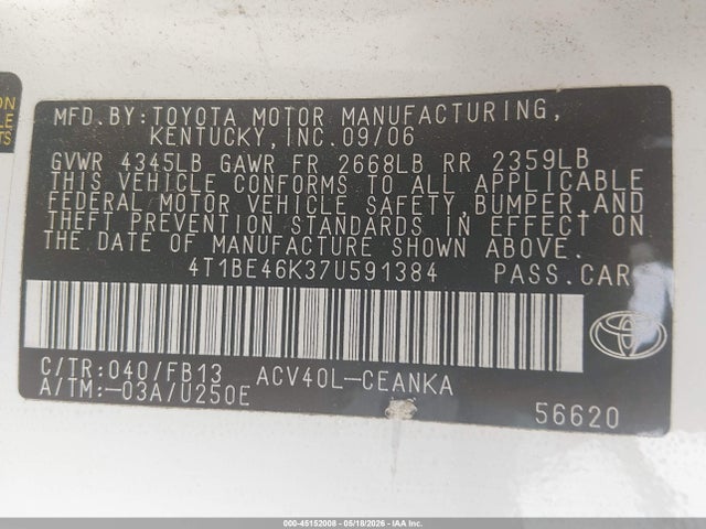 Aukcja sprzedaży 2007 Toyota Camry Le, vin: 4T1BE46K37U591384, numer aukcji: 45152008