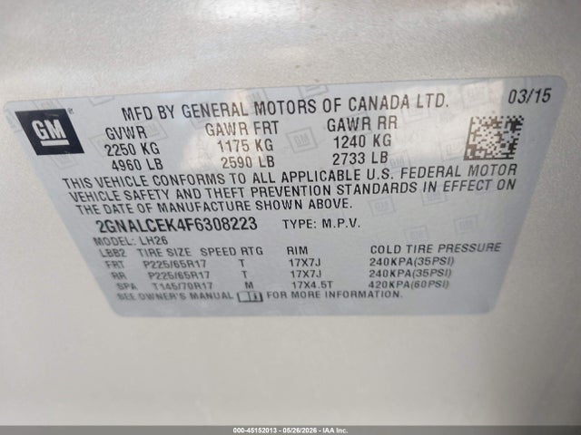 Продажа на аукционе авто 2015 Chevrolet Equinox 2lt, vin: 2GNALCEK4F6308223, номер лота: 45152013