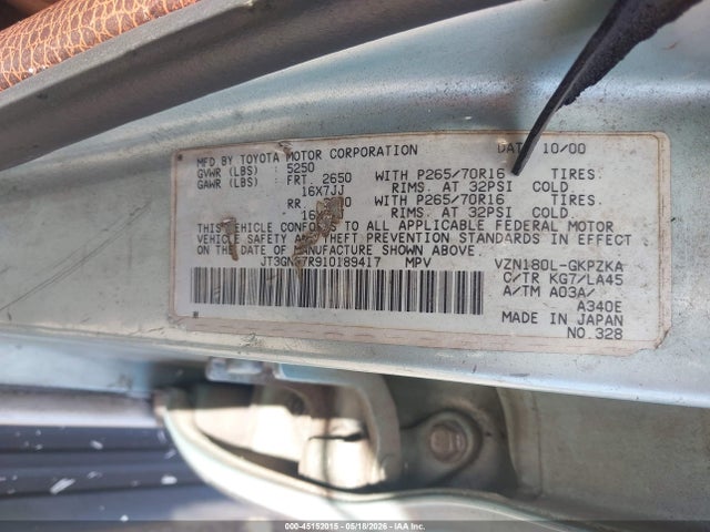 Aukcja sprzedaży 2001 Toyota 4runner Limited V6, vin: JT3GN87R910189417, numer aukcji: 45152015