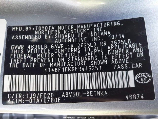 Продаж на аукціоні авто 2015 Toyota Camry Le, vin: 4T4BF1FK9FR446351, номер лоту: 45152023