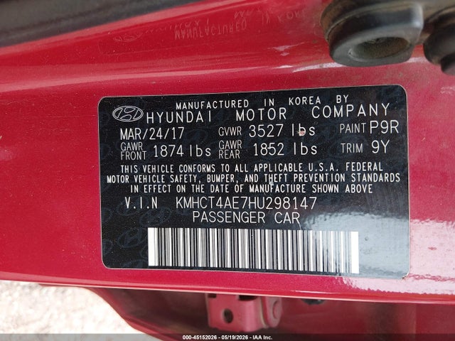 Aukcja sprzedaży 2017 Hyundai Accent Se, vin: KMHCT4AE7HU298147, numer aukcji: 45152026