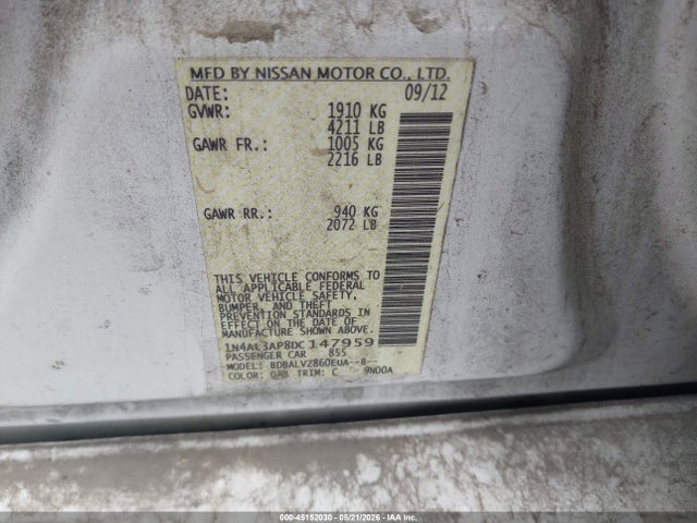 Продаж на аукціоні авто 2013 Nissan Altima 2.5 Sl, vin: 1N4AL3AP8DC147959, номер лоту: 45152030