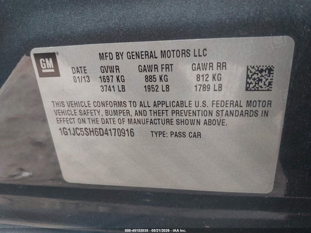 Продаж на аукціоні авто 2013 Chevrolet Sonic Lt Auto, vin: 1G1JC5SH6D4170916, номер лоту: 45152035