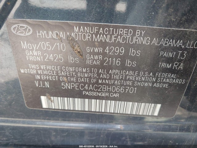 2011 Hyundai Sonata Se მანქანა იყიდება აუქციონზე, vin: 5NPEC4AC2BH066701, აუქციონის ნომერი: 45152036