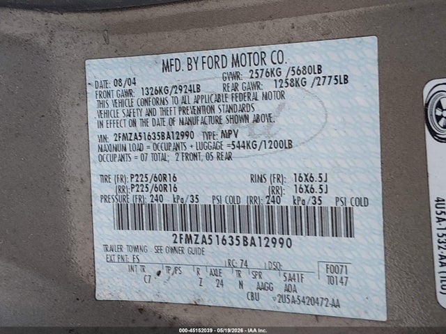 2005 Ford Freestar Se მანქანა იყიდება აუქციონზე, vin: 2FMZA51635BA12990, აუქციონის ნომერი: 45152039